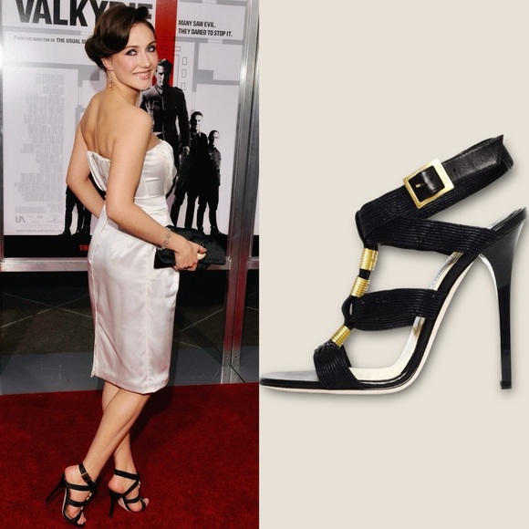 Jimmy Choo Black Waxed Leather ‘Serena’ Brass Hardware Gladiator Heels Size 8.5 - Picture 1 of 16